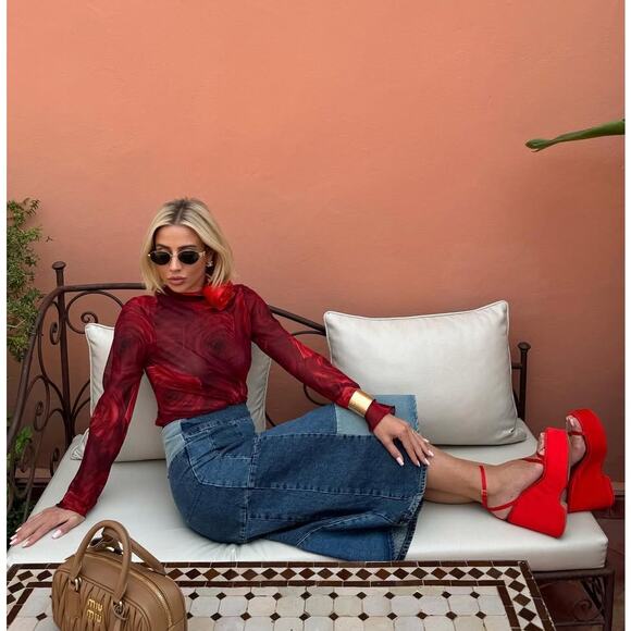 MANGO Patchwork Denim Midi Skirt NWT | Blue Cotton A-Line - Picture 9 of 16